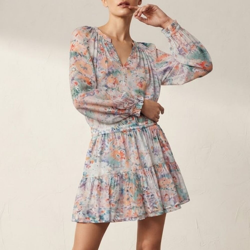 NWT Velvet Graham & Spencer Dress S Watercolor Floral Viscose Tiered Mini Boho